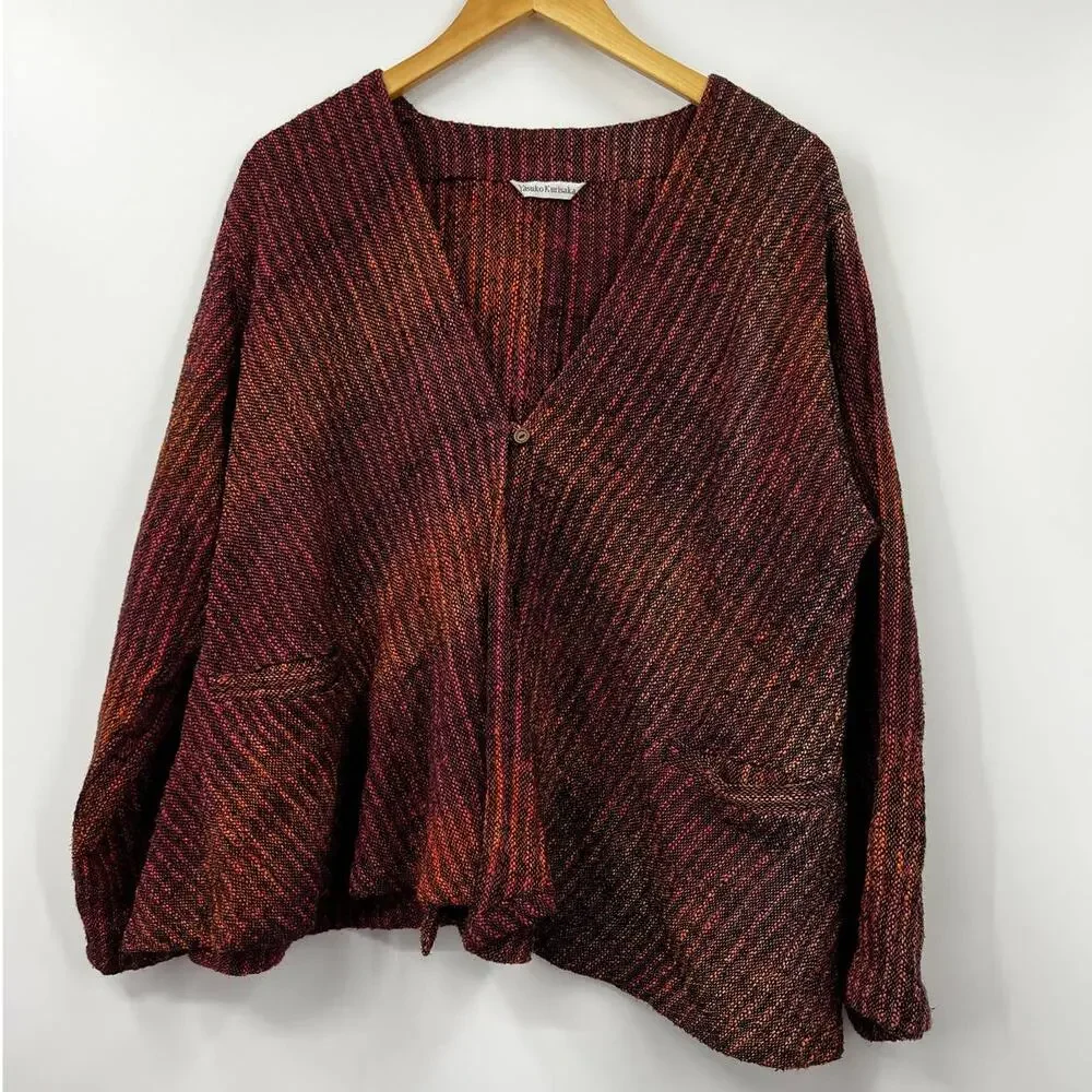 Yasuko Kurisaka Womens Hand Woven Cotton Single Button Jacket Orange Textured - Picture 1 of 7